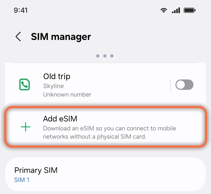 SIM manager with Add eSIM highlighted