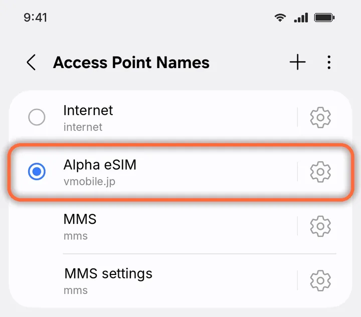 Access Point Names with vmobile.jp selected