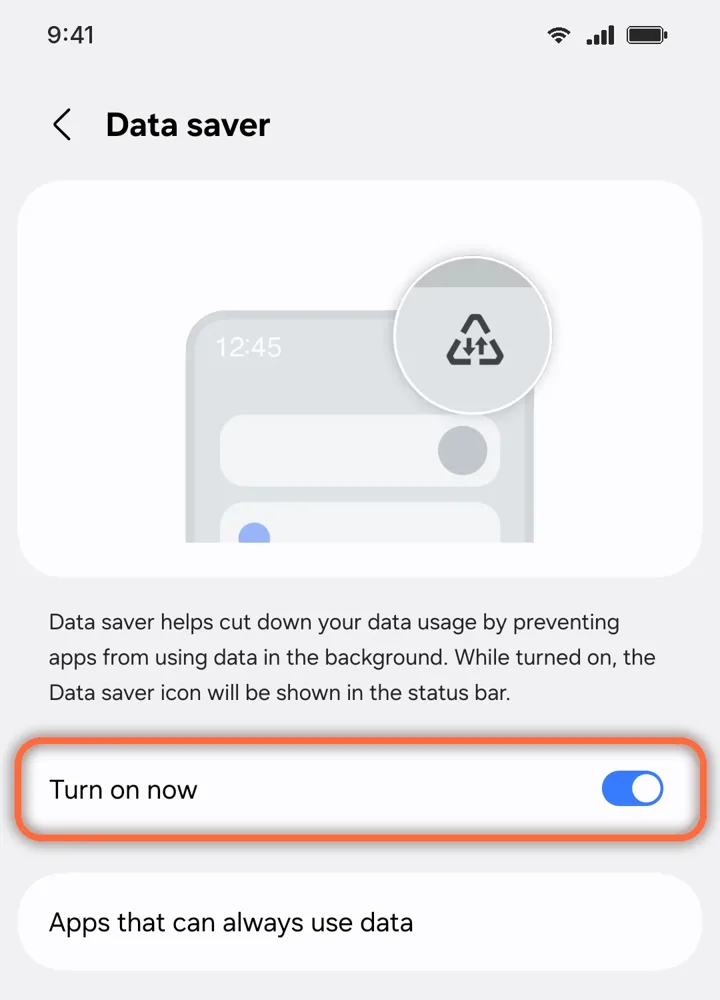 Data saver with Turn on now switched on