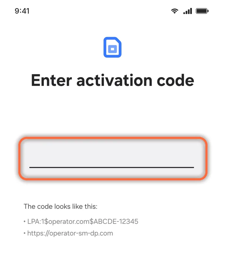 Enter activation code field on Samsung