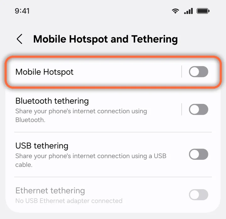 Mobile Hotspot and Tethering with Mobile Hotspot highlighted