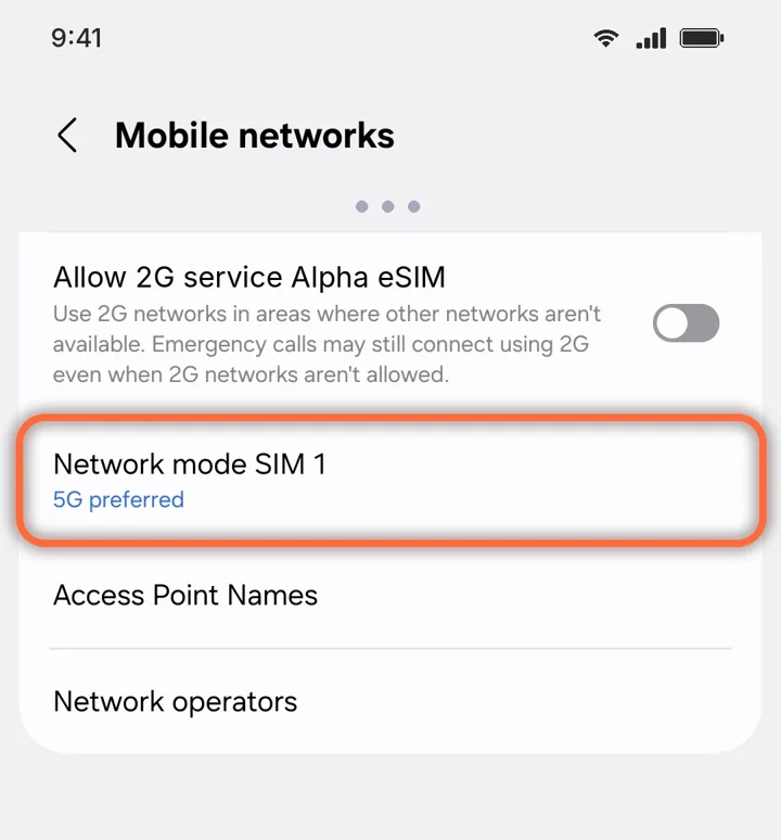 Mobile networks with Network mode highlighted