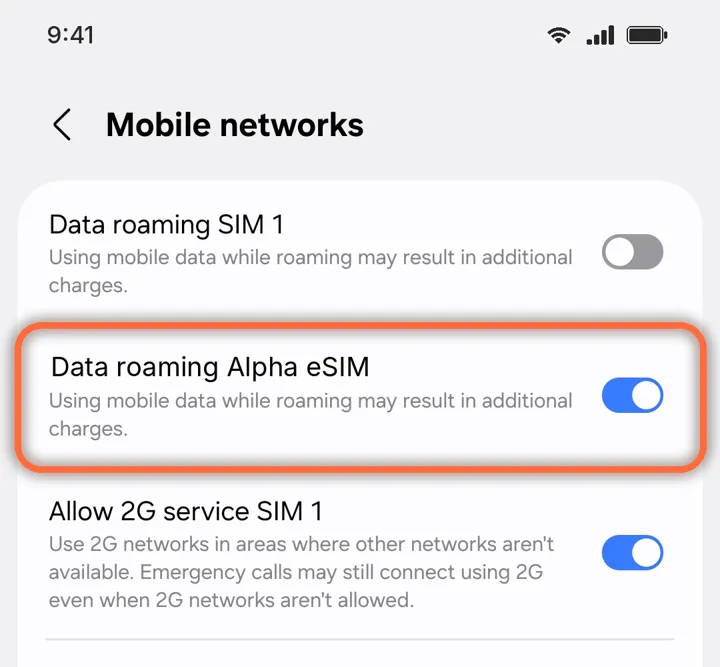 Mobile networks with Data roaming for Alpha eSIM switched on