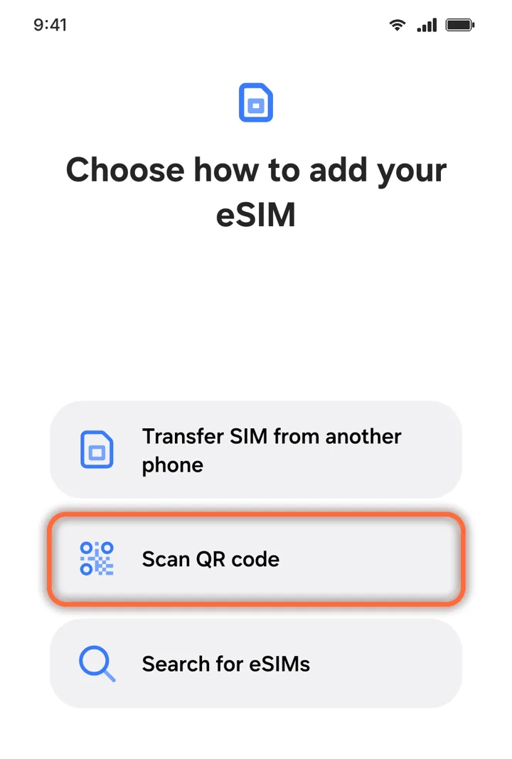 Choose how to add your eSIM with Scan QR code highlighted