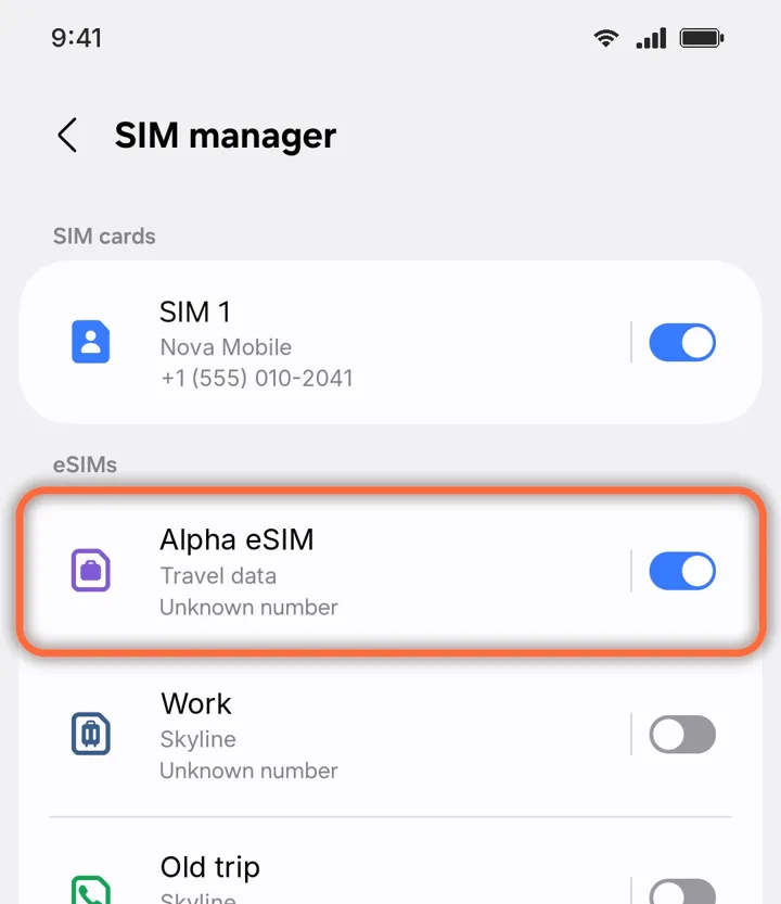 Samsung SIM manager with Alpha eSIM switched on