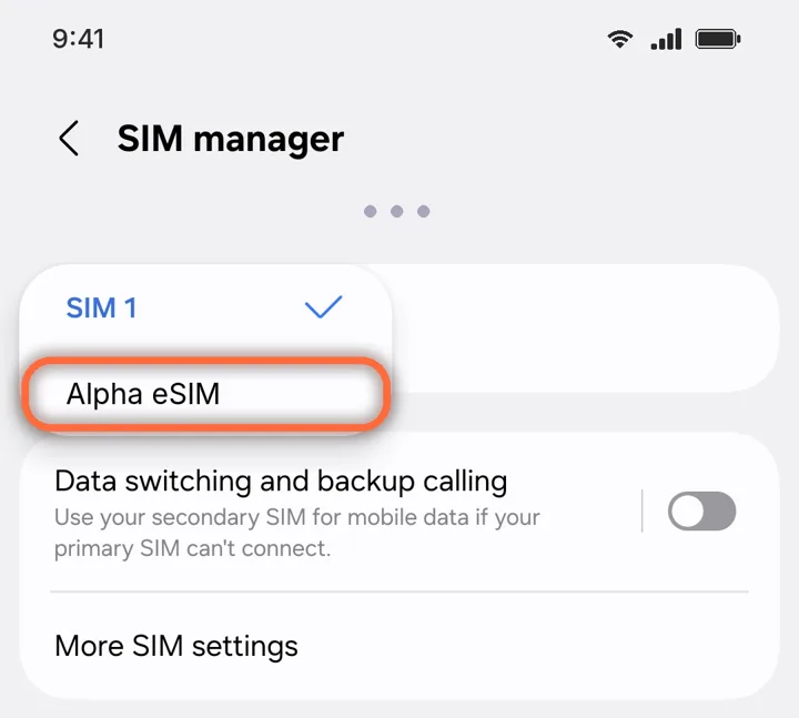 Samsung SIM manager with Alpha eSIM chosen as the primary SIM