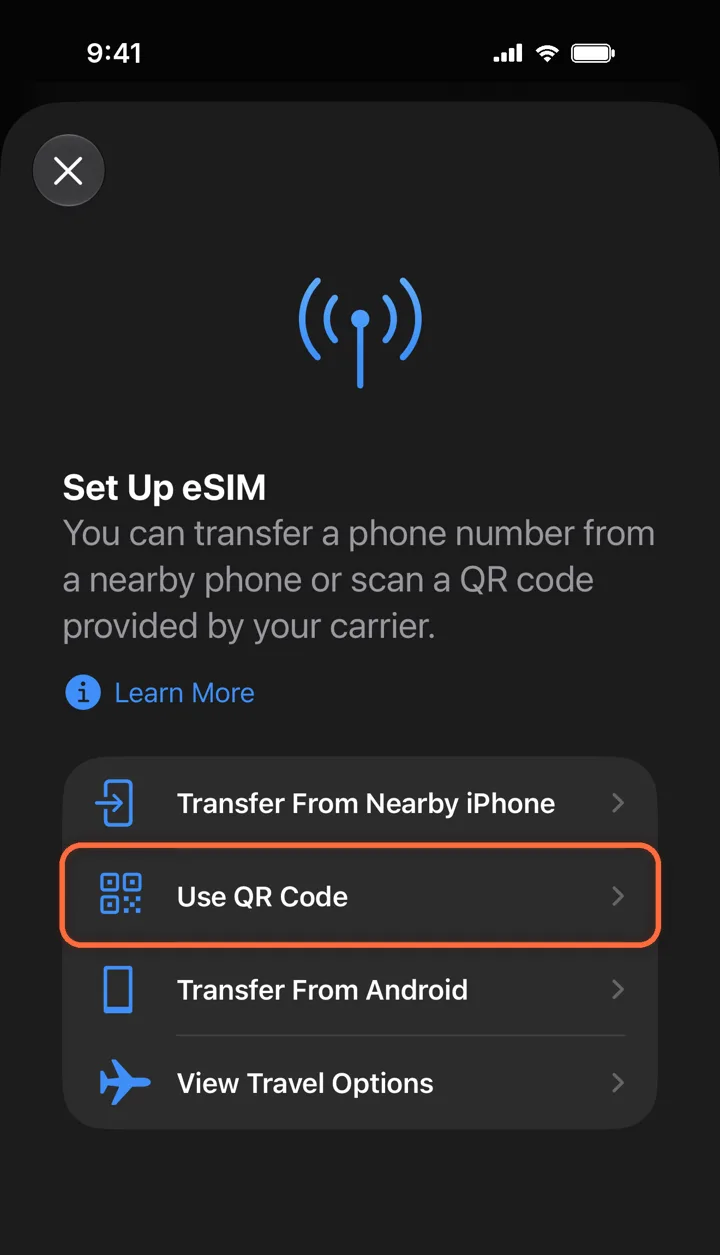 Set Up eSIM with Use QR Code highlighted