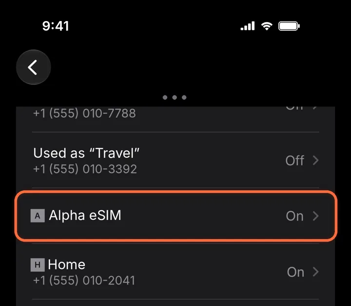 iPhone Cellular settings with the Alpha eSIM line highlighted