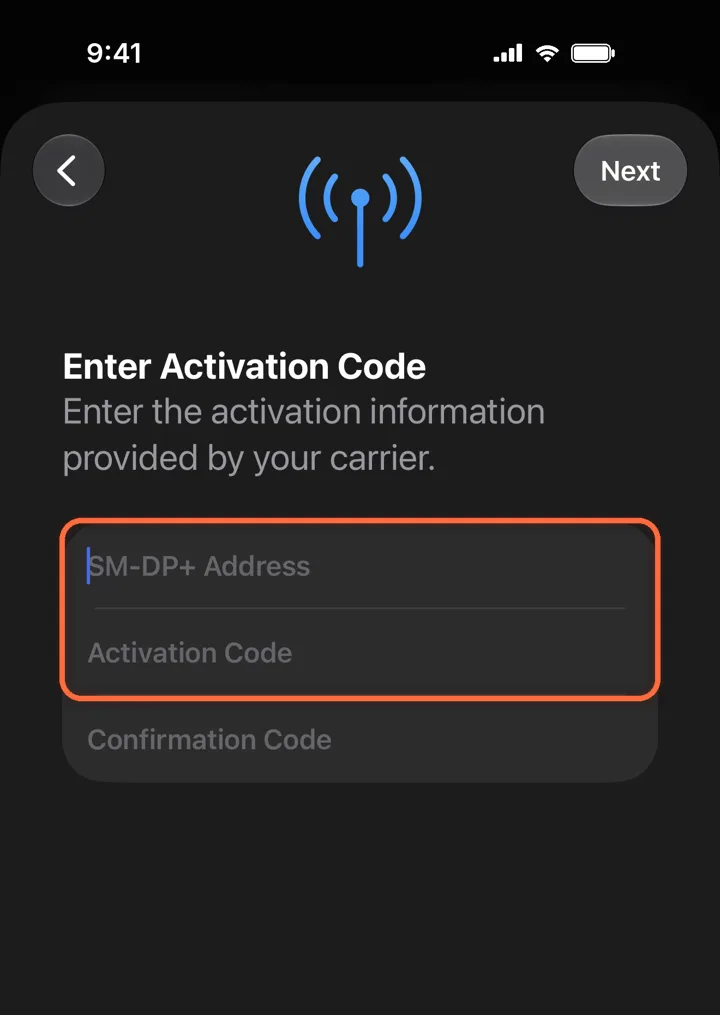 Enter Activation Code with the SM-DP+ Address and Activation Code fields