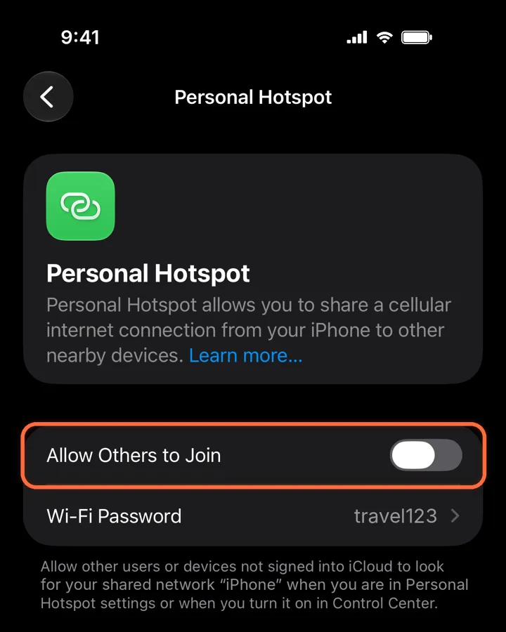 Personal Hotspot with Allow Others to Join highlighted
