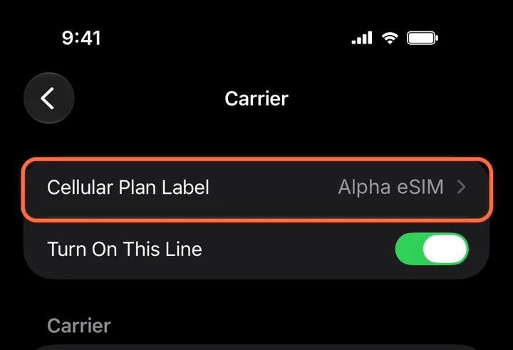 Cellular Plan Label set to Alpha eSIM