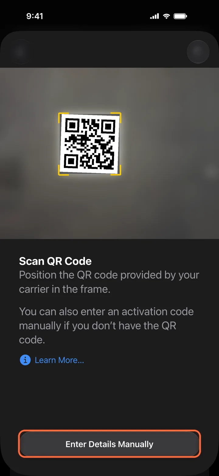 Scan QR Code with Enter Details Manually highlighted