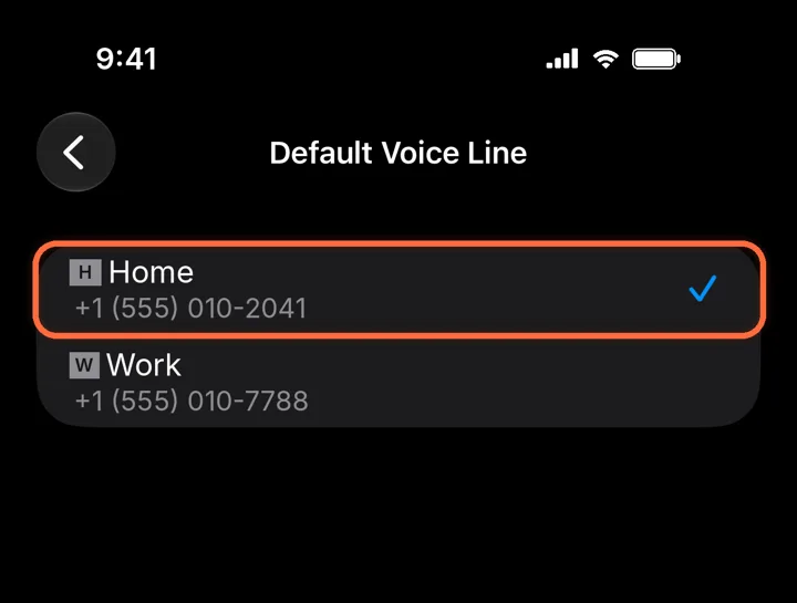 Default Voice Line set to the Home line